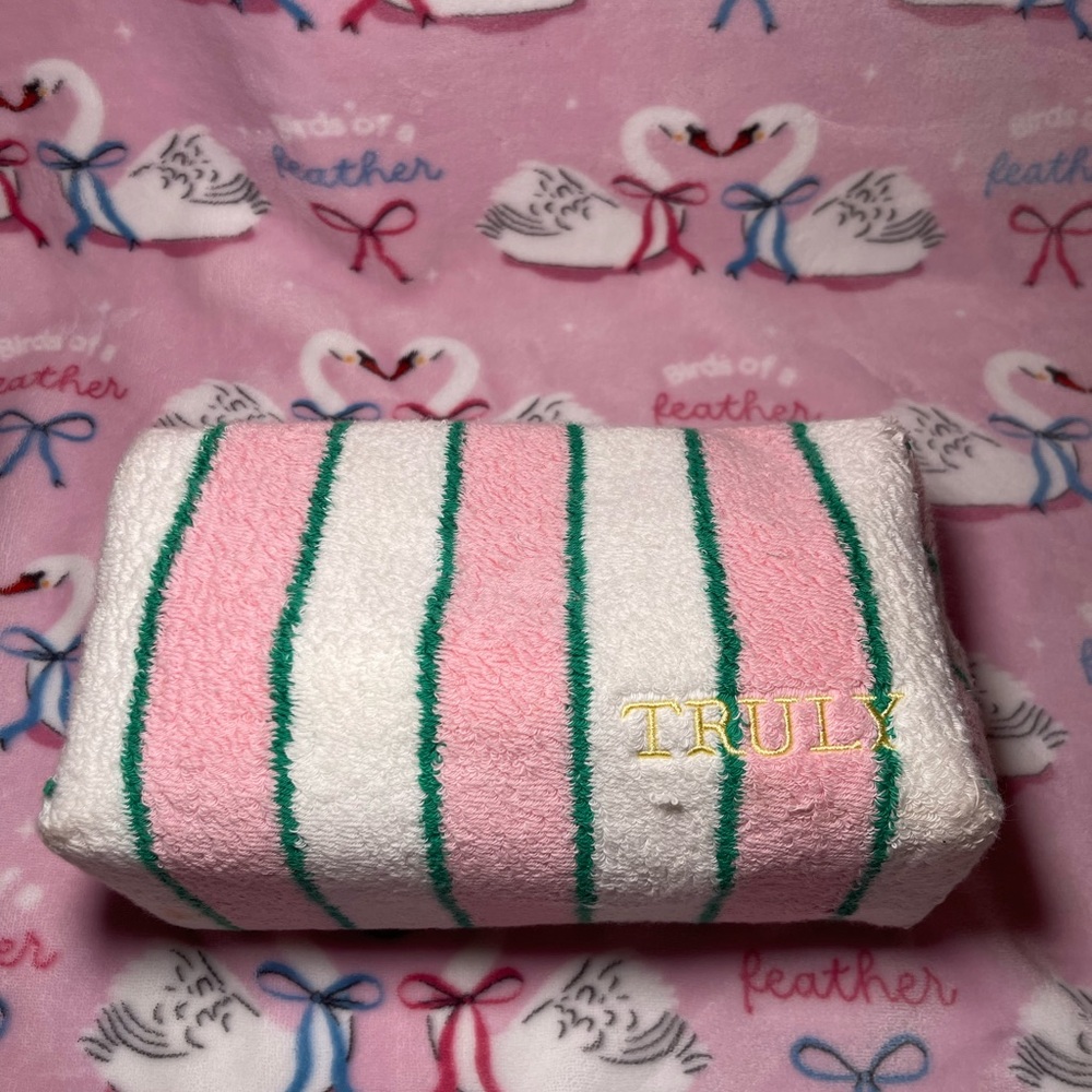 TRULY Pink and Green Striped Cosmetic Bag